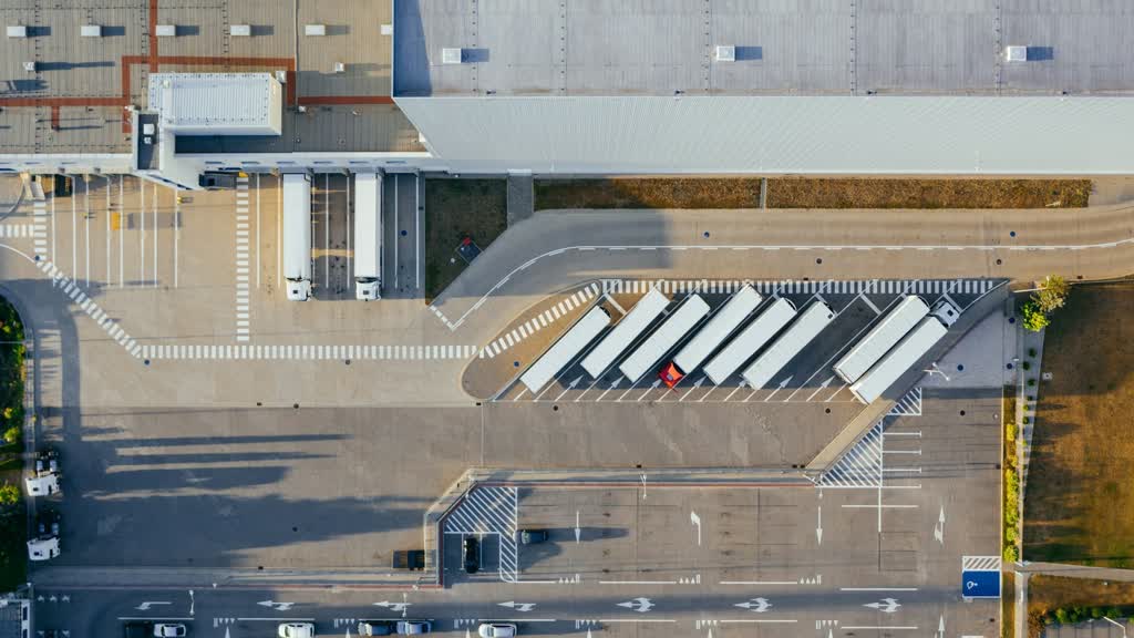 A bird's-eye view of a trucking logistics hub.