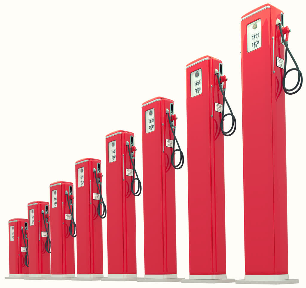 Red, antique gas pumps become taller from left to right, imitating a bar chart.